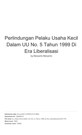 Perlindungan Pelaku Usaha Kecil Dalam UU No. 5 Tahun 1999 Di Era Liberalisasi by Maryanto Maryanto