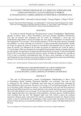 Ecología Y Biodiversidad De Un Arrecife Formado Por Phragmatopoma Caudata Krøyer in Mörch (Canalipalpata: Sabellariidae) En República Dominicana