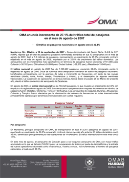 OMA Anuncia Incremento De 27.1% Del Tráfico Total De Pasajeros En El Mes De Agosto De 2007