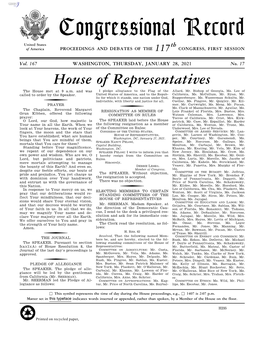 Congressional Record United States Th of America PROCEEDINGS and DEBATES of the 117 CONGRESS, FIRST SESSION