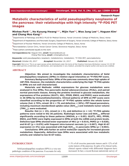 Metabolic Characteristics of Solid Pseudopapillary Neoplasms of the Pancreas: Their Relationships with High Intensity 18F-FDG PET Images