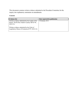 This Document Contains Written Evidence Submitted to the Procedure Committee for the Inquiry Into Explanatory Statements on Amendments