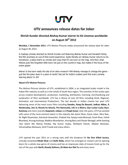 UTV Announces Release Dates for Joker