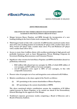 Merger Between Banco Popolare and BPM Through the Incorporation of a New Banking Holding in the Form of Joint Stock Company (The “Newco”)