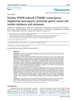 Nuclear MYH9-Induced CTNNB1 Transcription, Targeted By