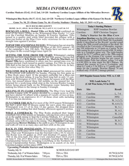 MEDIA INFORMATION Carolina Mudcats (52-42, 13-12 2Nd, 3.0 GB / Southern) Carolina League Affiliate of the Milwaukee Brewers Vs