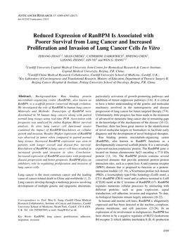 Reduced Expression of Ranbpm Is Associated with Poorer Survival