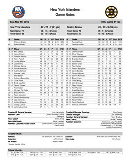 New York Islanders Game Notes