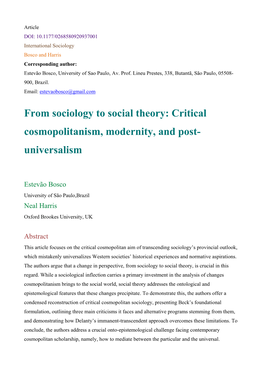 From Sociology to Social Theory: Critical Cosmopolitanism, Modernity, and Post- Universalism