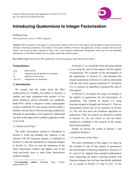 Introducing Quaternions to Integer Factorisation