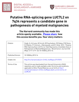 Putative RNA-Splicing Gene LUC7L2 on 7Q34 Represents a Candidate Gene in Pathogenesis of Myeloid Malignancies