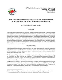 Risk Consistent Response Spectrum and Hazard Curve for a Typical Location of Kathmandu Valley
