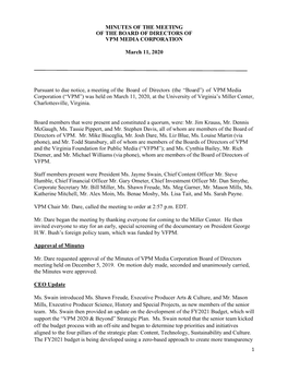 MINUTES of the MEETING of the BOARD of DIRECTORS of VPM MEDIA CORPORATION March 11, 2020 Pursuant to Due Notice, a Meeting of Th