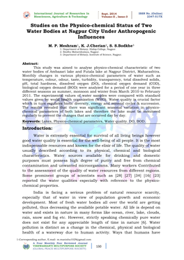 Studies on the Physico-Chemical Status of Two Water Bodies at Nagpur City Under Anthropogenic Influences