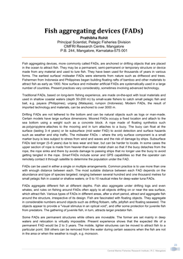 Fish Aggregating Devices (Fads) Prathibha Rohit Principal Scientist, Pelagic Fisheries Division CMFRI Research Centre, Mangalore P.B