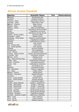 African Animal Checklist