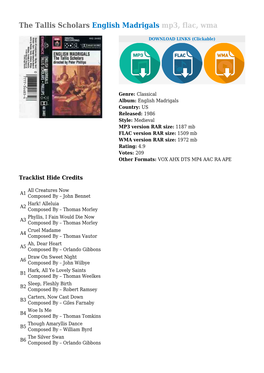 The Tallis Scholars English Madrigals Mp3, Flac, Wma