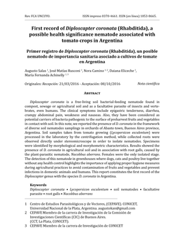 First Record of Diploscapter Coronata (Rhabditida), a Possible Health Significance Nematode Associated with Tomato Crops in Argentina