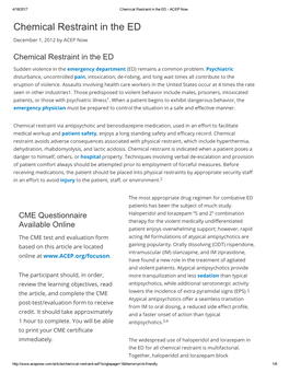 Chemical Restraint in the ED ­ ACEP Now