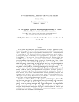 A COMBINATORIAL THEORY of FORMAL SERIES Preface in His