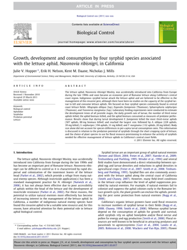 Growth, Development and Consumption by Four Syrphid Species Associated with the Lettuce Aphid, Nasonovia Ribisnigri, in California ⇑ Julie V