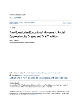 Afro-Ecuadorian Educational Movement: Racial Oppression, Its Origins and Oral Tradition