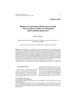 Bioassay for Grooming Effectiveness Towards Varroa Destructor Mites in Africanized and Carniolan Honey Bees