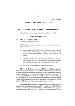 NATIONAL ASSEMBLY SECRETARIAT ———— “QUESTIONS for ORAL ANSWERS and THEIR REPLIES” to Be Asked A