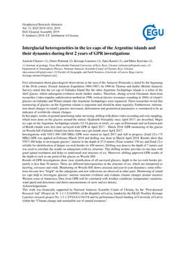 Interglacial Heterogeneities in the Ice Caps of the Argentine Islands and Their Dynamics During ﬁrst 2 Years of GPR Investigations