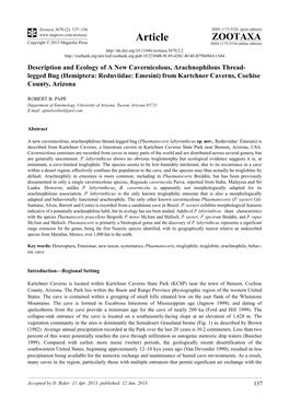 Description and Ecology of a New Cavernicolous, Arachnophilous Thread- Legged Bug (Hemiptera: Reduviidae: Emesini) from Kartchner Caverns, Cochise County, Arizona