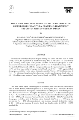 Brachyura, Grapsidae) That Inhabit the Oyster Reefs of Western Taiwan
