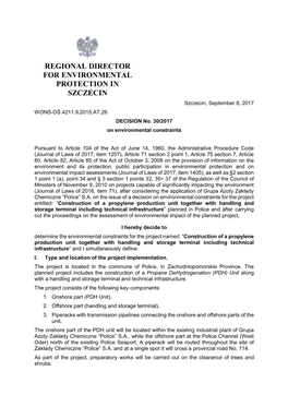 REGIONAL DIRECTOR for ENVIRONMENTAL PROTECTION in SZCZECIN Szczecin, September 8, 2017 WONS-OŚ.4211.9.2015.AT.26 DECISION No