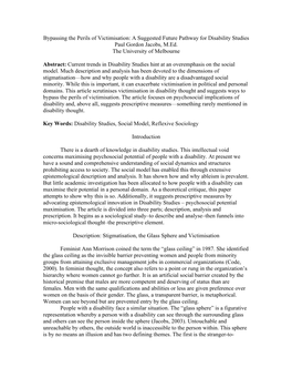 Bypassing the Perils of Victimisation: a Suggested Future Pathway for Disability Studies Paul Gordon Jacobs, M.Ed