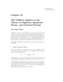 Chapter 19 the Clifford Algebra in the Theory of Algebras, Quadratic