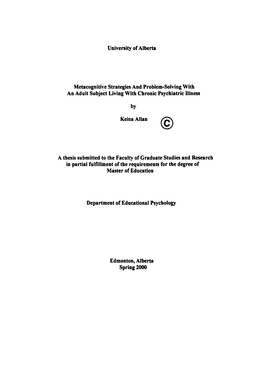 Metacognitive Strategies and Problem-Solving with an Adult Subject Living Witb Chronic Psychiatrie Iliness