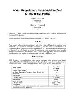 Water Recycle As a Sustainability Tool for Industrial Plants