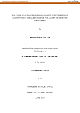The Place of African Traditional Religion in Interreligious Encounters in Sierra Leone Since the Advent of Islam and Christianity