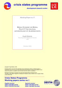 Moral Economy Or Moral Polity? the Political Anthropology of Algerian Riots Hugh Roberts DESTIN, LSE