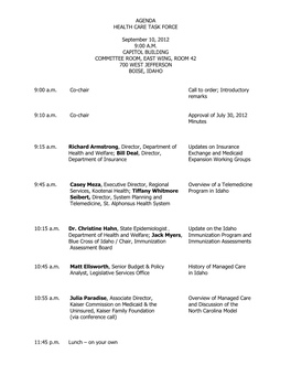 AGENDA HEALTH CARE TASK FORCE September 10, 2012 9:00