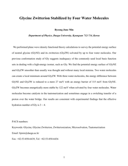 Glycine Zwitterion Stabilized by Four Water Molecules