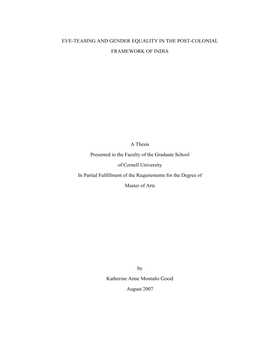 Eve-Teasing and Gender Equality in the Post-Colonial Framework of India