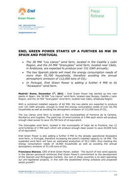 Enel Green Power Starts up a Further 66 Mw in Spain and Portugal