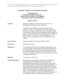 This Is an Adaptation of the Report Currently in the HAER Collection at the Library of Congress to Illustrate the Outline Format: Engineering Structures