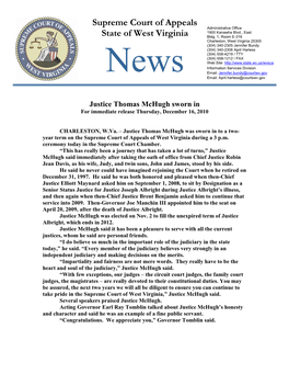Justice Thomas Mchugh Sworn in for Immediate Release Thursday, December 16, 2010