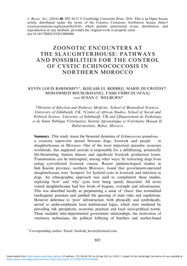 Zoonotic Encounters at the Slaughterhouse: Pathways and Possibilities for the Control of Cystic Echinococcosis in Northern Morocco