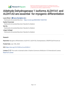 Aldehyde Dehydrogenase 1 Isoforms ALDH1A1 and ALDH1A3 Are Essential for Myogenic Differentiation