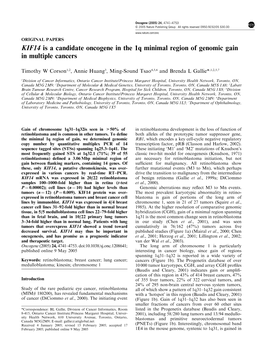 KIF14 Is a Candidate Oncogene in the 1Q Minimal Region of Genomic Gain in Multiple Cancers