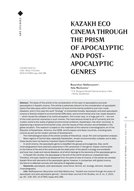 KAZAKH ECO CINEMA THROUGH the PRISM of APOCALYPTIC and POST-APOCALYPTIC GENRES Revision Ofthe Text, Preparation Ofthearticleforpublication