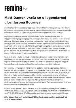 Matt Damon Vraća Se U Legendarnoj Ulozi Jasona Bournea