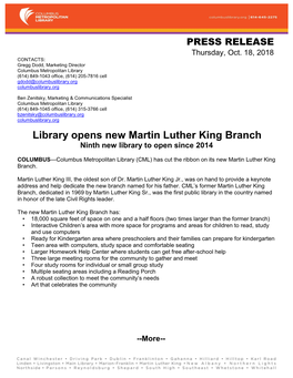 Library Opens New Martin Luther King Branch Ninth New Library to Open Since 2014
